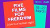 Poster for Five Films For Freedom, on a purple background, with teal and orange cards containing event title and dates