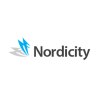Four overlapping irregular arrows, two gray arrows point to the left and two sky blue arrows point upwards, followed by the text Nordicity on the right